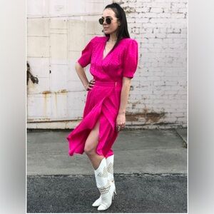 VINTAGE 80S retro JONATHAN MARTIN SILK DRESS 100% silk midi M fucsia pink red
